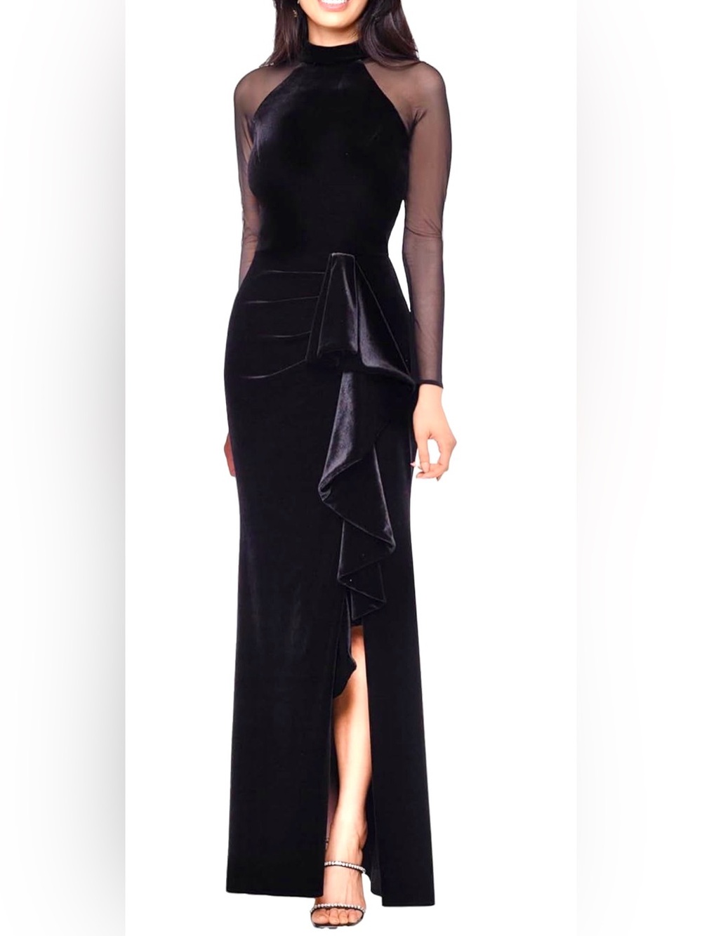 NEW Betsy & Adam Women's Blk Velvet Ruffled Sheer Sleeve Mock Dress/Gown.
Sz 4P
